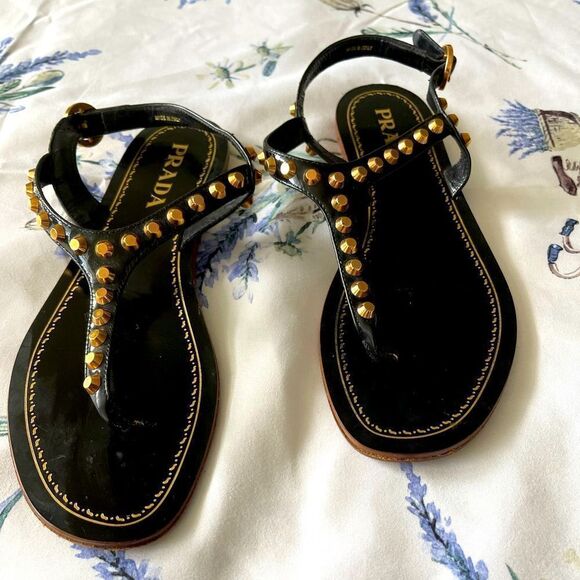 Prada black patent leather/gold stud sandals - Picture 1 of 11
